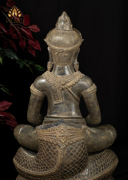 46” Large Khmer Style Spectacular Bronze Naga Buddha in Meditation protected by Nine Headed Muchalinda Serpent