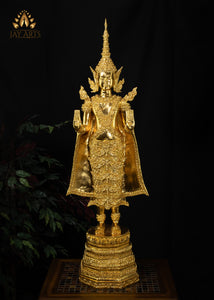 43” Cambodian Bronze Standing Buddha in Abhaya mudra Dressed in a Royal Attire in Gold Leaf Finish