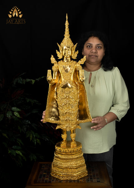 43” Cambodian Bronze Standing Buddha in Abhaya mudra Dressed in a Royal Attire in Gold Leaf Finish