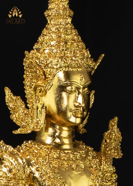 43” Cambodian Bronze Standing Buddha in Abhaya mudra Dressed in a Royal Attire in Gold Leaf Finish