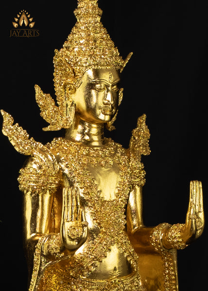 43” Cambodian Bronze Standing Buddha in Abhaya mudra Dressed in a Royal Attire in Gold Leaf Finish