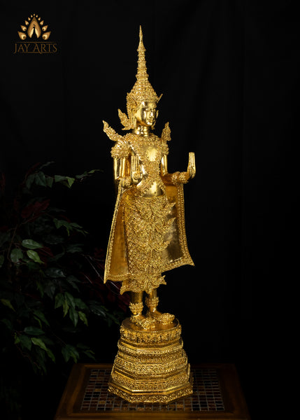 43” Cambodian Bronze Standing Buddha in Abhaya mudra Dressed in a Royal Attire in Gold Leaf Finish