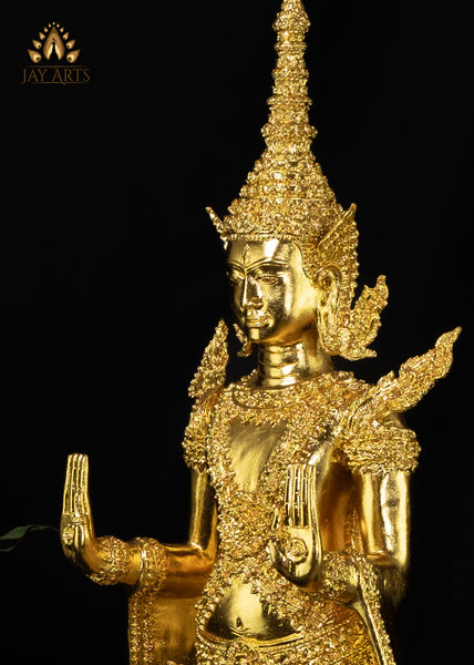 43” Cambodian Bronze Standing Buddha in Abhaya mudra Dressed in a Royal Attire in Gold Leaf Finish