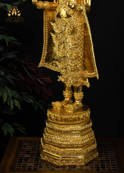 43” Cambodian Bronze Standing Buddha in Abhaya mudra Dressed in a Royal Attire in Gold Leaf Finish