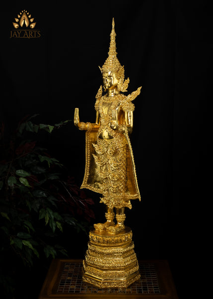 43” Cambodian Bronze Standing Buddha in Abhaya mudra Dressed in a Royal Attire in Gold Leaf Finish