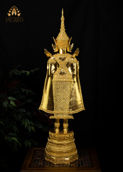 43” Cambodian Bronze Standing Buddha in Abhaya mudra Dressed in a Royal Attire in Gold Leaf Finish