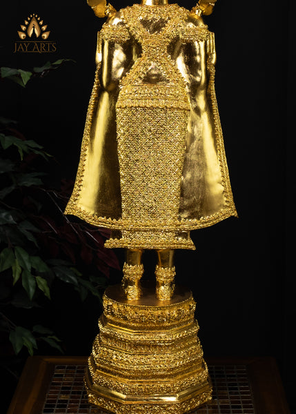 43” Cambodian Bronze Standing Buddha in Abhaya mudra Dressed in a Royal Attire in Gold Leaf Finish