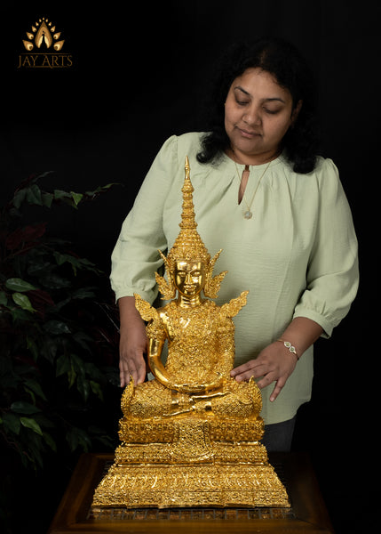 27” Cambodian Bronze Buddha in Earth Touching Gesture Dressed in a Royal Attire in Gold Leaf Finish