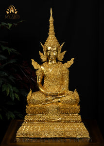 27” Cambodian Bronze Buddha in Earth Touching Gesture Dressed in a Royal Attire in Gold Leaf Finish