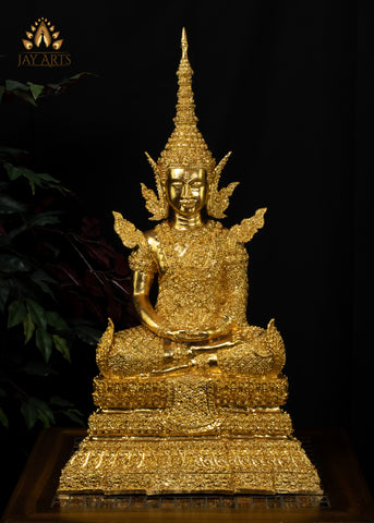 27” Cambodian Bronze Buddha in Earth Touching Gesture Dressed in a Royal Attire in Gold Leaf Finish