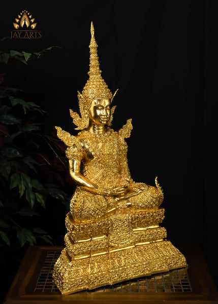 27” Cambodian Bronze Buddha in Earth Touching Gesture Dressed in a Royal Attire in Gold Leaf Finish