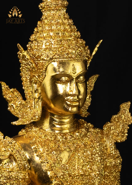 27” Cambodian Bronze Buddha in Earth Touching Gesture Dressed in a Royal Attire in Gold Leaf Finish