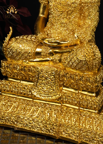 27” Cambodian Bronze Buddha in Earth Touching Gesture Dressed in a Royal Attire in Gold Leaf Finish