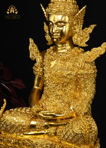 27” Cambodian Bronze Buddha in Earth Touching Gesture Dressed in a Royal Attire in Gold Leaf Finish