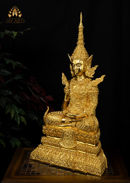 27” Cambodian Bronze Buddha in Earth Touching Gesture Dressed in a Royal Attire in Gold Leaf Finish