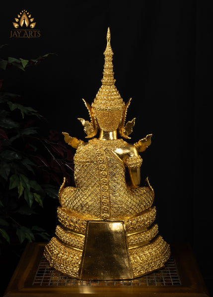 27” Cambodian Bronze Buddha in Earth Touching Gesture Dressed in a Royal Attire in Gold Leaf Finish