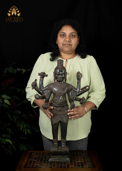 26" Bronze Standing Shiva with Eight Arms Remarkable Fusion of Hindu and Khmer Artistry