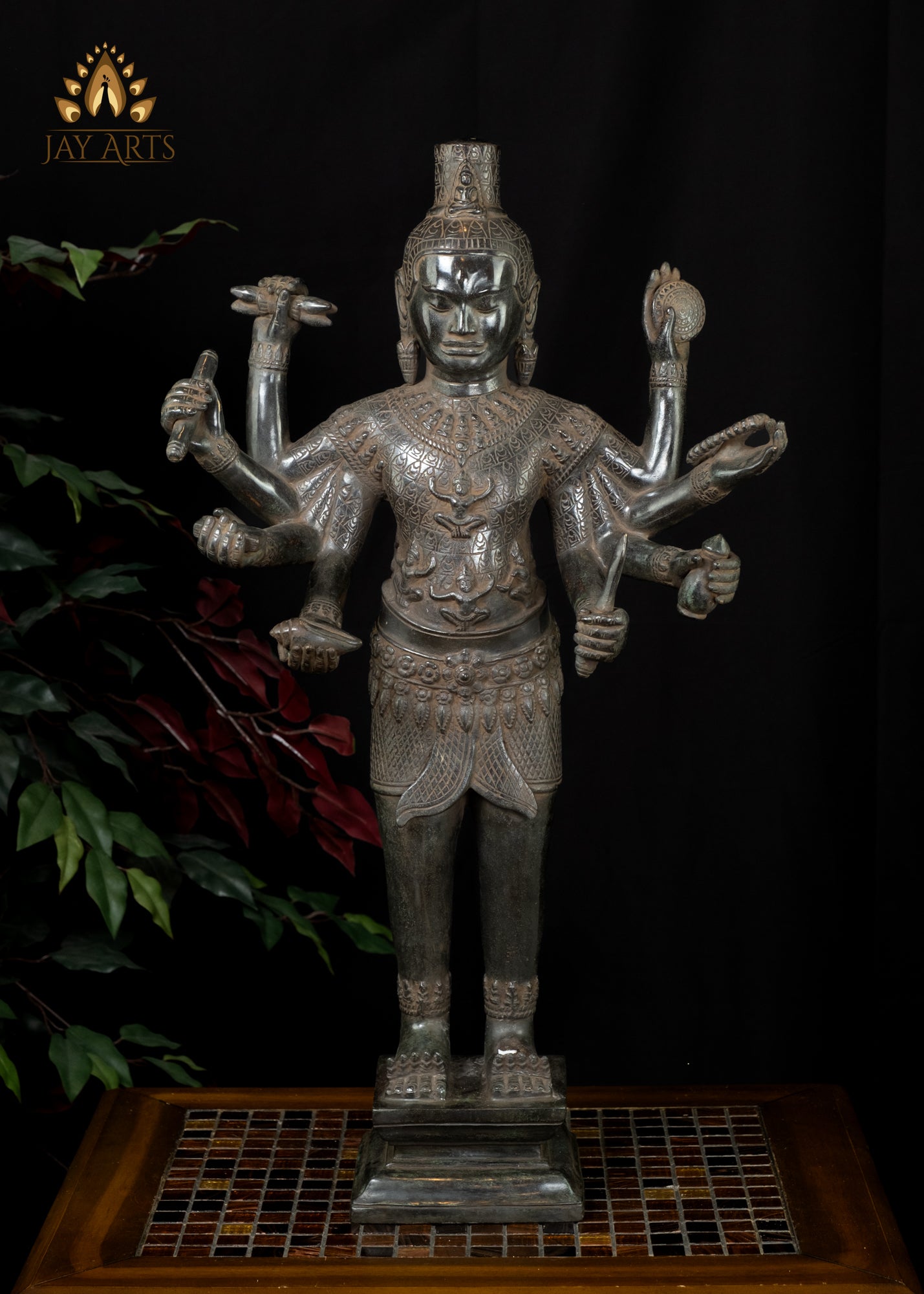 26" Bronze Standing Shiva with Eight Arms Remarkable Fusion of Hindu and Khmer Artistry