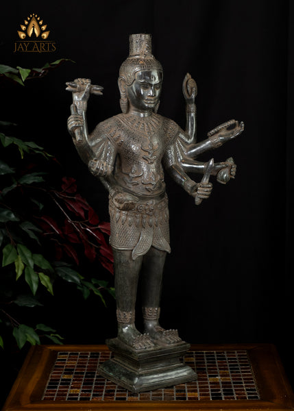 26" Bronze Standing Shiva with Eight Arms Remarkable Fusion of Hindu and Khmer Artistry