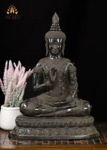 18” Cambodian Buddha in Vitarka Mudra Seated on a Lotus Wearing a Robe with Floral Motifs