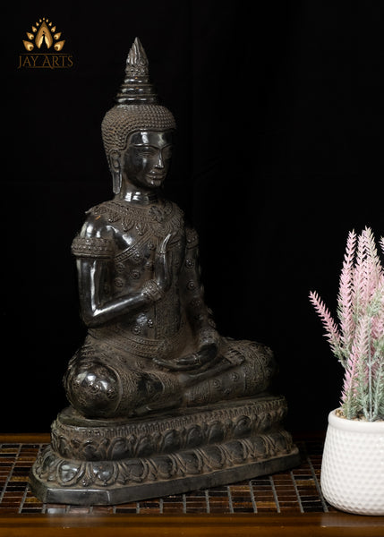 18” Cambodian Buddha in Vitarka Mudra Seated on a Lotus Wearing a Robe with Floral Motifs