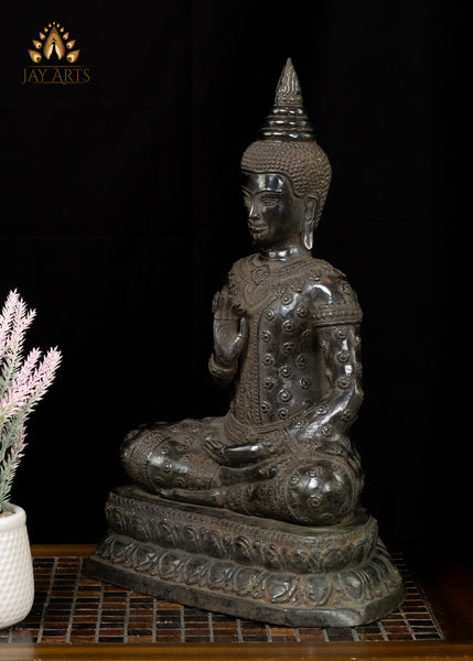 18” Cambodian Buddha in Vitarka Mudra Seated on a Lotus Wearing a Robe with Floral Motifs