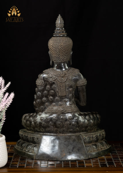 18” Cambodian Buddha in Vitarka Mudra Seated on a Lotus Wearing a Robe with Floral Motifs