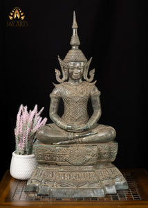 24” Antique Khmer Style Buddha in Meditation in a Splendid Attire wearing a Tall Crown