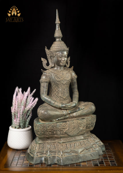 24” Antique Khmer Style Buddha in Meditation in a Splendid Attire wearing a Tall Crown