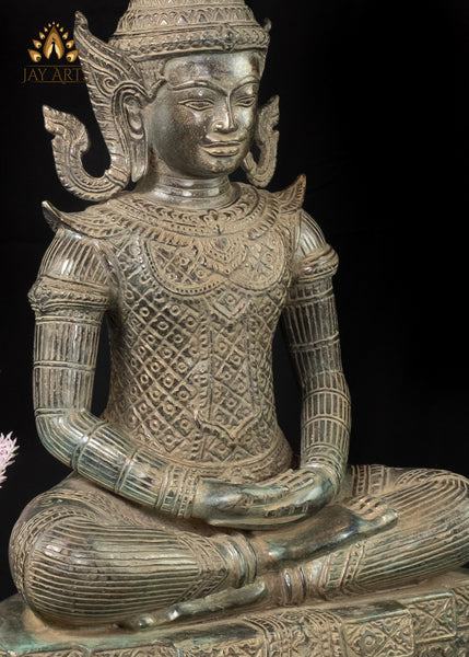 24” Antique Khmer Style Buddha in Meditation in a Splendid Attire wearing a Tall Crown