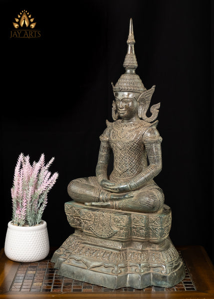 24” Antique Khmer Style Buddha in Meditation in a Splendid Attire wearing a Tall Crown