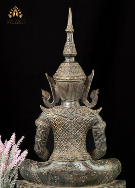 24” Antique Khmer Style Buddha in Meditation in a Splendid Attire wearing a Tall Crown