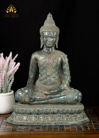 18” Cambodian Buddha in Bhumisparsha Mudra Seated on a Lotus Wearing a Robe with Floral Motifs