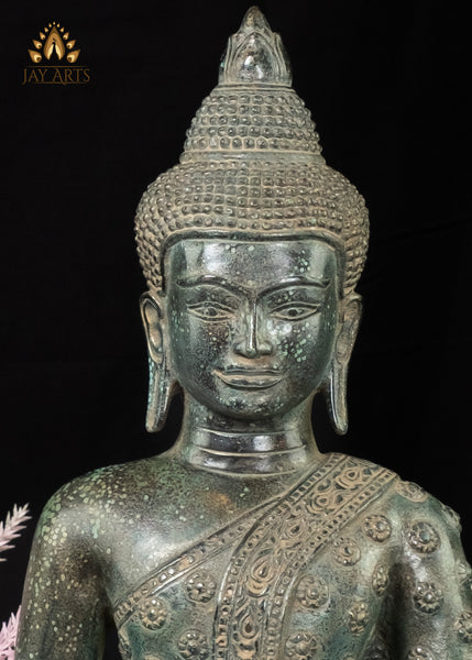 18” Cambodian Buddha in Bhumisparsha Mudra Seated on a Lotus Wearing a Robe with Floral Motifs