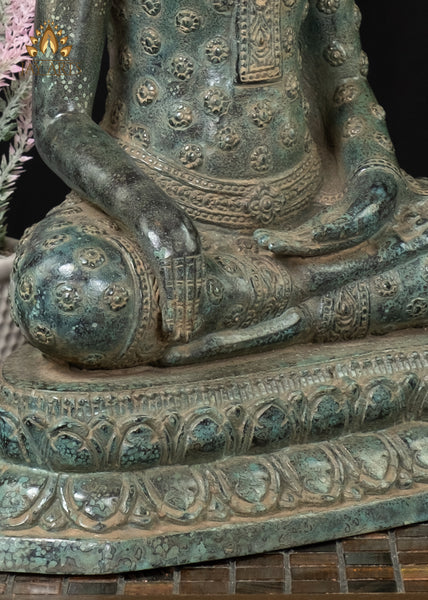 18” Cambodian Buddha in Bhumisparsha Mudra Seated on a Lotus Wearing a Robe with Floral Motifs