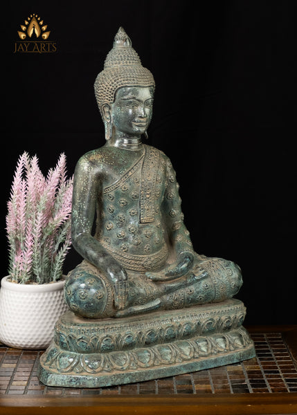 18” Cambodian Buddha in Bhumisparsha Mudra Seated on a Lotus Wearing a Robe with Floral Motifs