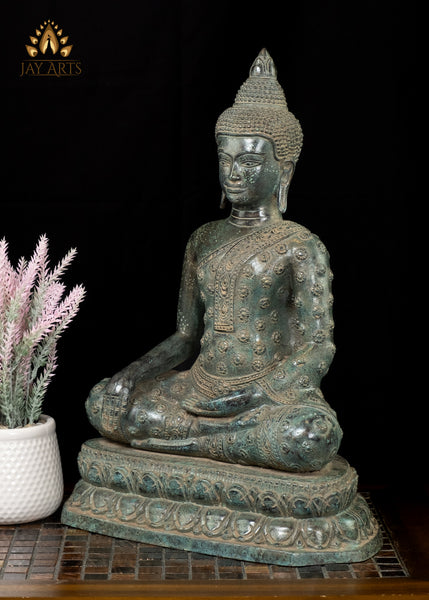 18” Cambodian Buddha in Bhumisparsha Mudra Seated on a Lotus Wearing a Robe with Floral Motifs