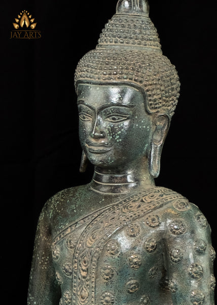 18” Cambodian Buddha in Bhumisparsha Mudra Seated on a Lotus Wearing a Robe with Floral Motifs