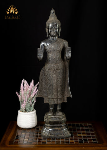 25” Khmer Style Standing Bronze Buddha with Both Hands in Abhaya Mudra