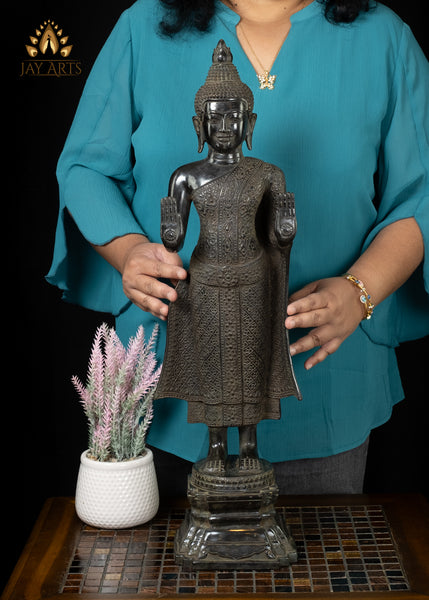 25” Khmer Style Standing Bronze Buddha with Both Hands in Abhaya Mudra