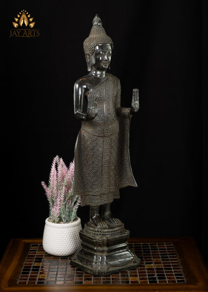 25” Khmer Style Standing Bronze Buddha with Both Hands in Abhaya Mudra