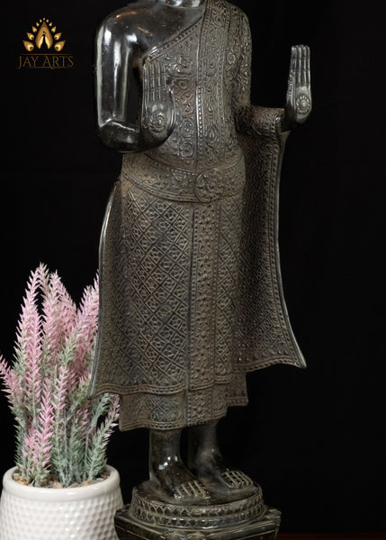 25” Khmer Style Standing Bronze Buddha with Both Hands in Abhaya Mudra