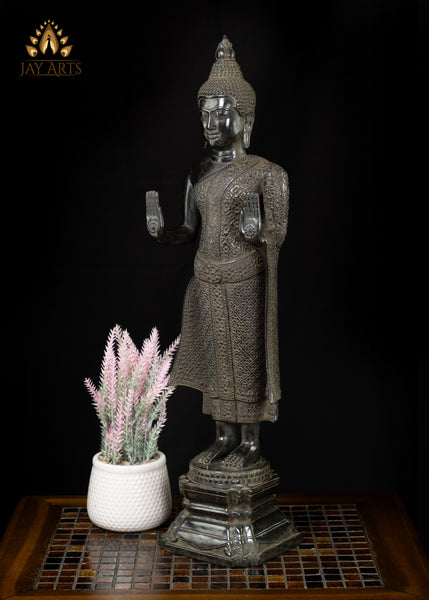 25” Khmer Style Standing Bronze Buddha with Both Hands in Abhaya Mudra