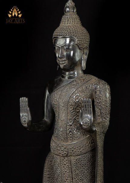 25” Khmer Style Standing Bronze Buddha with Both Hands in Abhaya Mudra