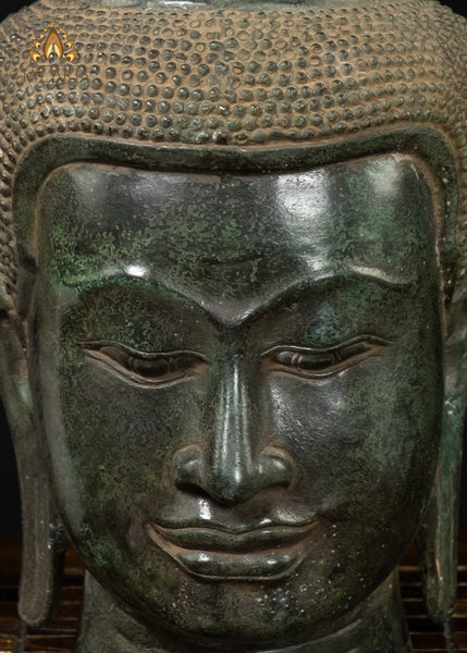 12” Cambodian Khmer Style Bronze Buddha Head