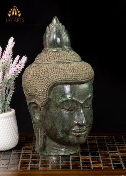 12” Cambodian Khmer Style Bronze Buddha Head