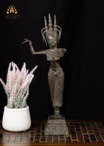 18” Khmer Style Bronze Apsara in a Striking Dance Pose