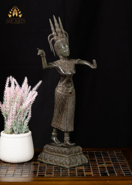 18” Khmer Style Bronze Apsara in a Striking Dance Pose