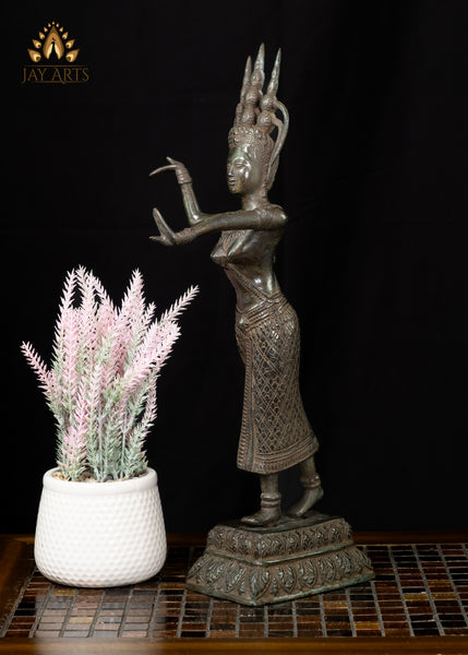 18” Khmer Style Bronze Apsara in a Striking Dance Pose