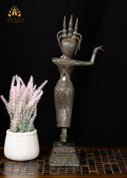 18” Khmer Style Bronze Apsara in a Striking Dance Pose